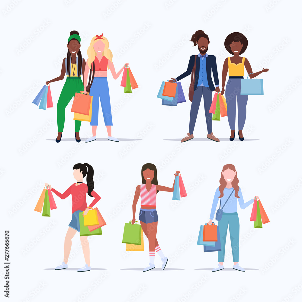 set people holding colorful paper bags mix race men women with purchases big sale shopping concept collection flat full length