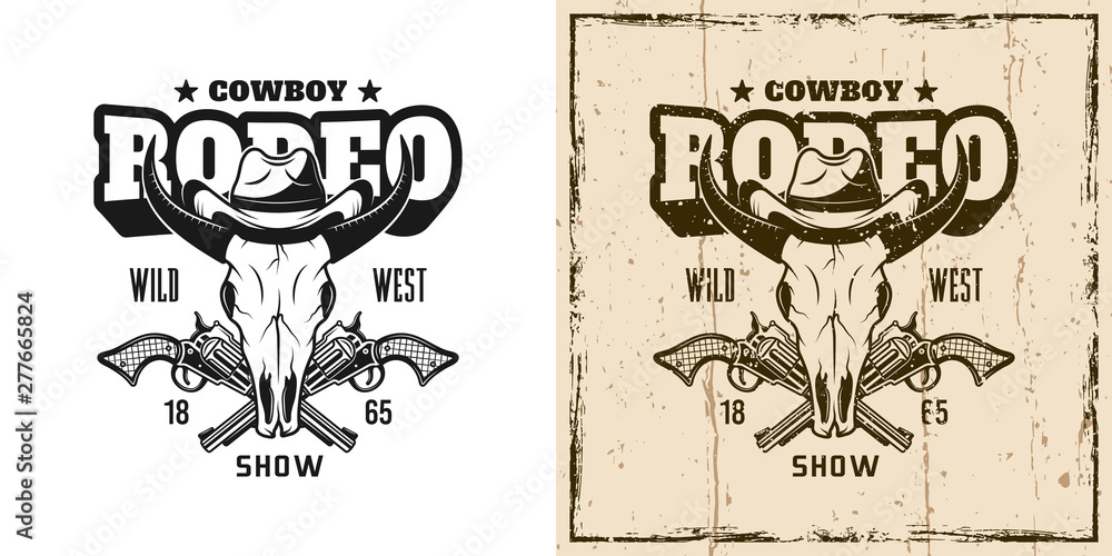 Fototapeta premium Rodeo show vector emblem with bull skull in hat