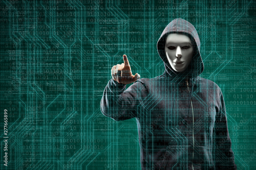 Dangerous hacker over abstract digital background with binary code. Obscured dark face in mask and hood. Data thief, internet attack, darknet fraud, virtual reality and cyber security.