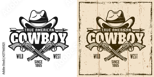 Cowboy hat and crossed pistols vector emblem
