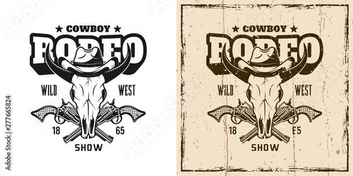 Rodeo show vector emblem with bull skull in hat