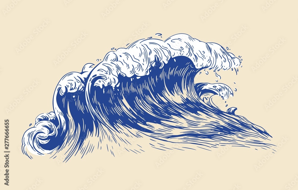 Elegant colored drawing of sea or ocean wave with foaming crest isolated on light background. Oceanic tide, wash or swash. Seawater or saltwater. Realistic vector illustration in vintage style. - obrazy, fototapety, plakaty 