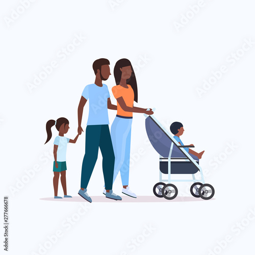 parents with daughter and toddler son in stroller walking outdoor african american family parenthood concept full length