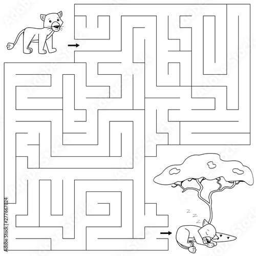 Coloring page for children. Maze game. Help the lion cub find right way to his friend. Cartoon African animals.