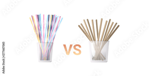 colorful drinking plastic vs paper disposable straws in glass zero waste concept flat white background horizontal