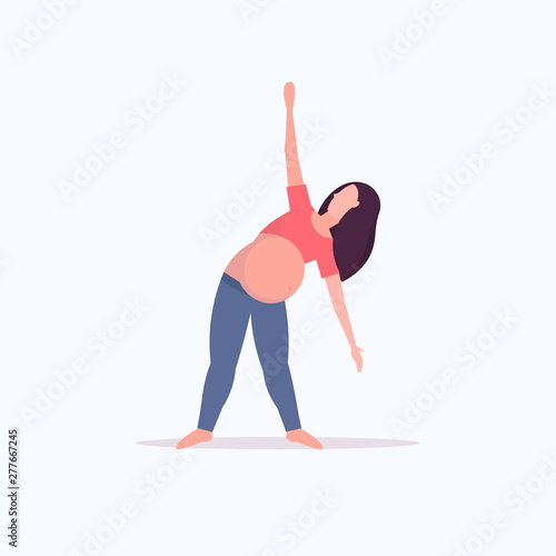 pregnant woman doing stretching physical exercises girl working out fitness pregnancy healthy lifestyle concept full length flat