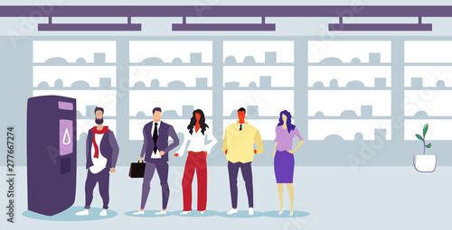 businesspeople standing line queue at self service vending machine men women ordering beverages modern supermarket interior flat full length horizontal