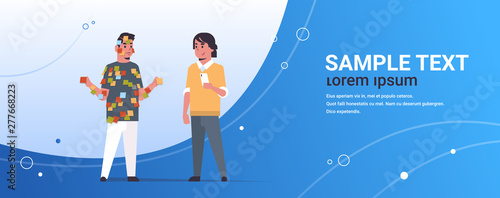 boss with male manager covered with stick notes business planning teamwork concept couple businessmen standing together flat full length horizontal copy space