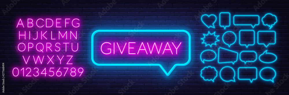 Neon sign giveaway . Set of neon speech bubbles and the alphabet on a dark background. Template for design.