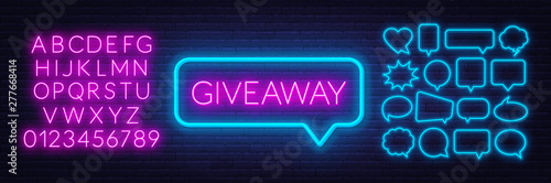 Neon sign giveaway . Set of neon speech bubbles and the alphabet on a dark background. Template for design.