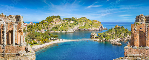 Panoramic collage with ruins of ancient Greek theatre and Isola Bella in Taormina, Italy.