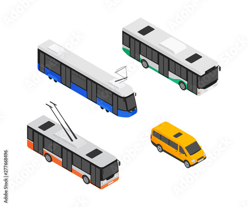 Public transport vehicles - modern vector isometric colorful elements