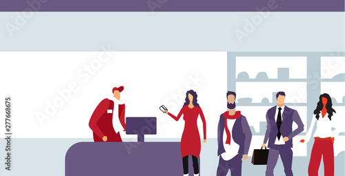 customers standing line queue at cash desk with female cashier shopping concept grocery shop or supermarket interior sketch doodle horizontal portrait