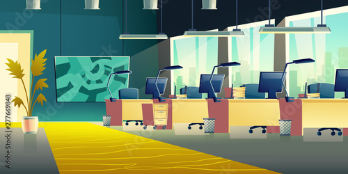 Modern office with company employee workplaces cartoon vector empty interior. Coworking center work desks row with computer monitors, lamps, paper trays and abstract painting on wall illustration