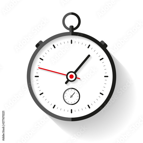 Stopwatch icon in flat style, round timer on white background. Sport clock. Time tool. Vector design element for you business project