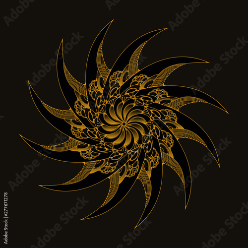 curved blades mandala rotating symbol graphic gold shades on black