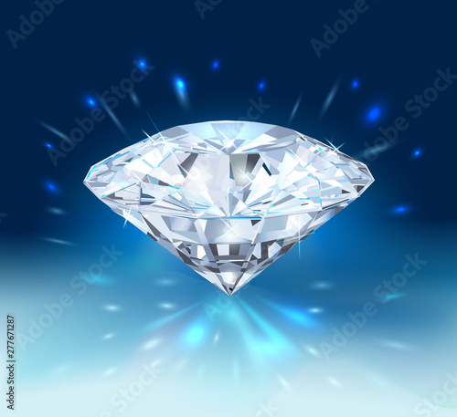 Beautiful white diamond  isolated on blue background. Vector illustration.