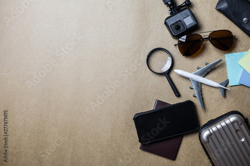 Top view of accessories used for leisure travelers.