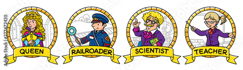 ABC professions set. Queen, scientist, teacher, railroader