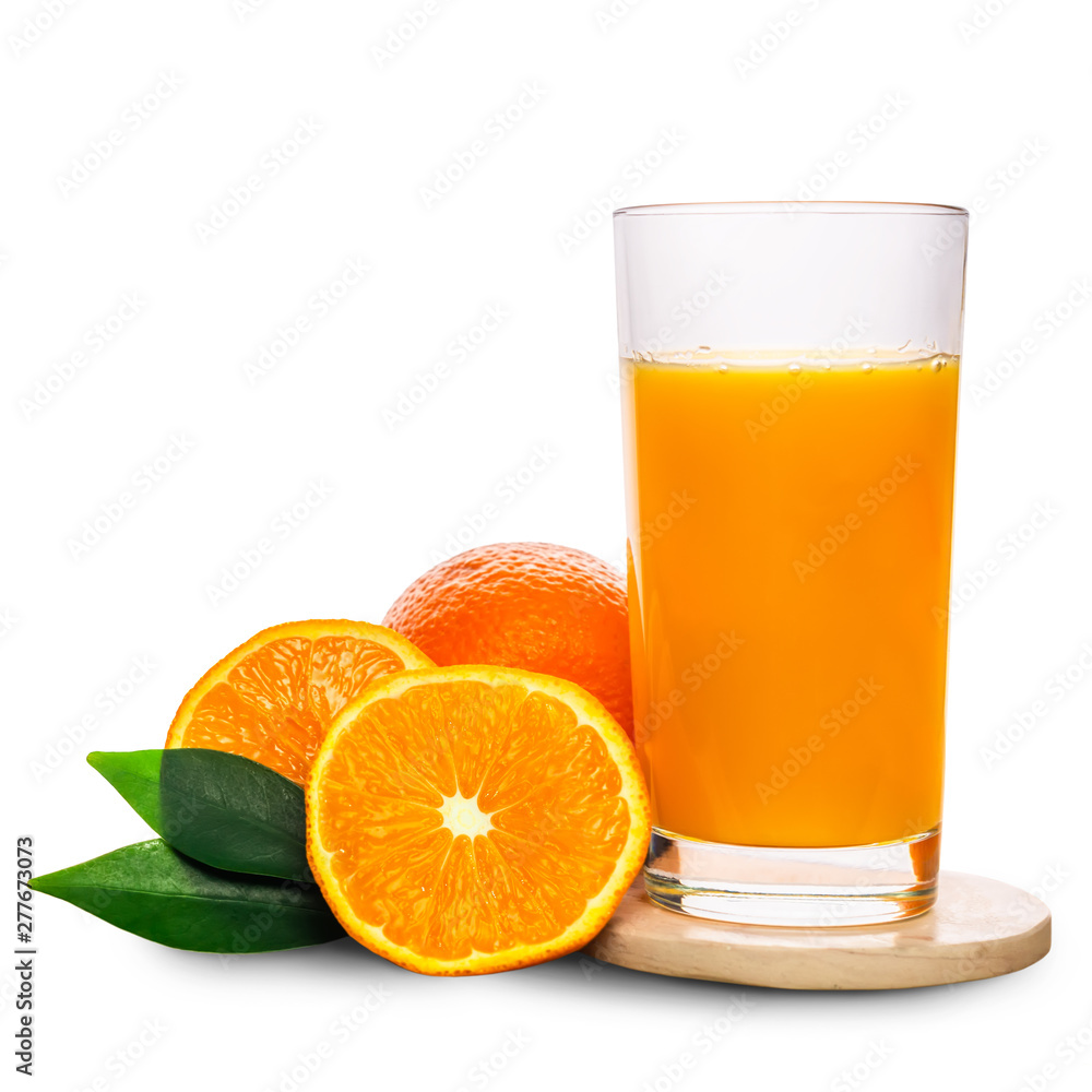 glass with orange juice and fruits on stone isolated on white background, concept of refreshing summer drink glass with orange juice and fruits on stone isolated on white background, concept of refreshing summer drink