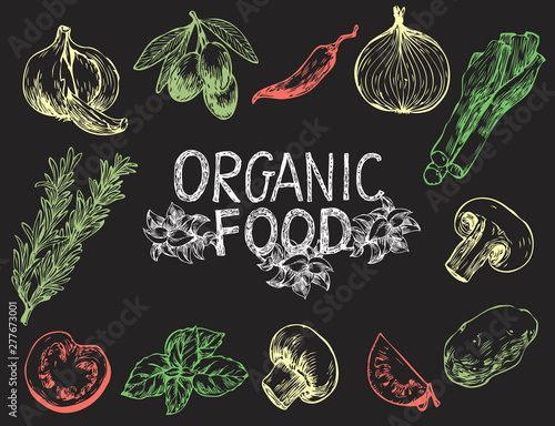 Hand drawn vector illustrations in sketch style. Ingredients for cooking: olives, hot peppers, tomato, onion, ets. Perfect for menu, cards, blogs, banners. Organic food set on the black background.