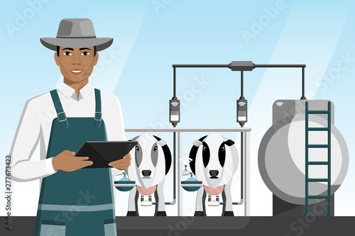 Modern black african american farmer with tablet on a dairy farm. Smart farming. Vector illustration EPS 10
