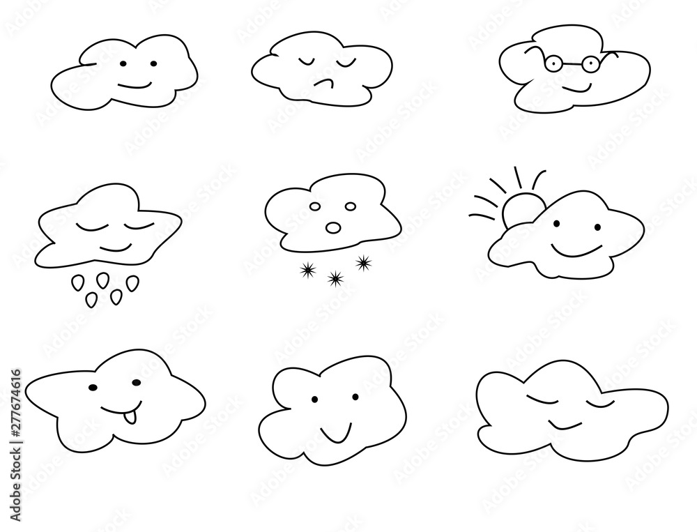 Different icons with clouds smiley. Contour black vector on white. Different icons with clouds smiley. Contour black vector on white.