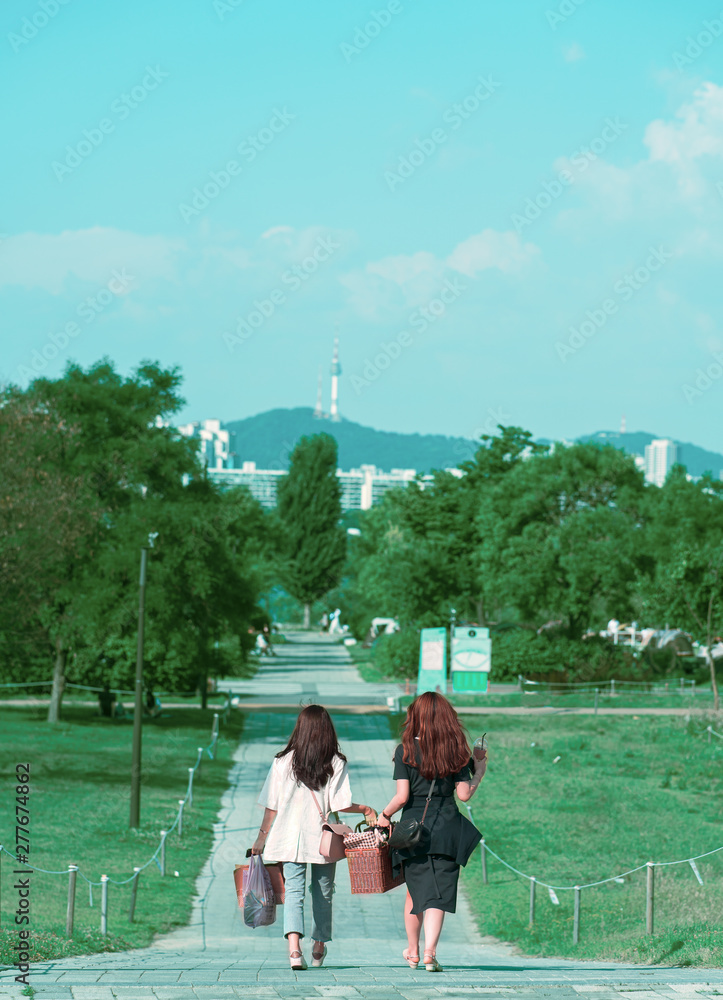 Obraz premium Two women walking, carrying picnic basket.