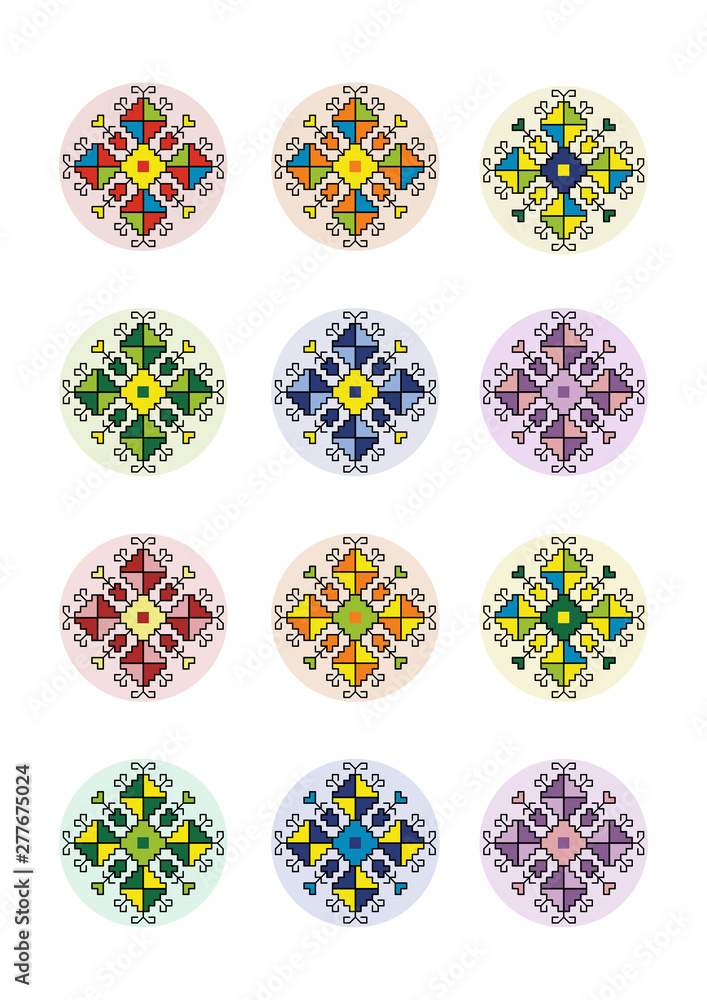 Digital Collage Sheet Circles Pixel Art Motif Shevitsa Rainbow, 12 Unique Designs, Bottle Cap, Icons, Isolated on White Background Digital Collage Sheet Circles Pixel Art Motif Shevitsa Rainbow, 12 Unique Designs, Bottle Cap, Icons, Isolated on White Background