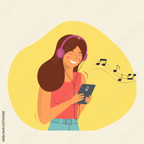 Happy young woman listening to music with headphones. Vector flat style illustration