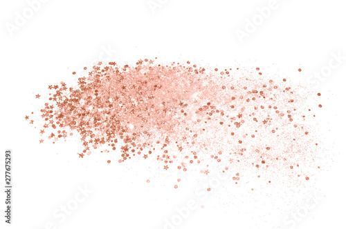 Rose gold glitter on white background