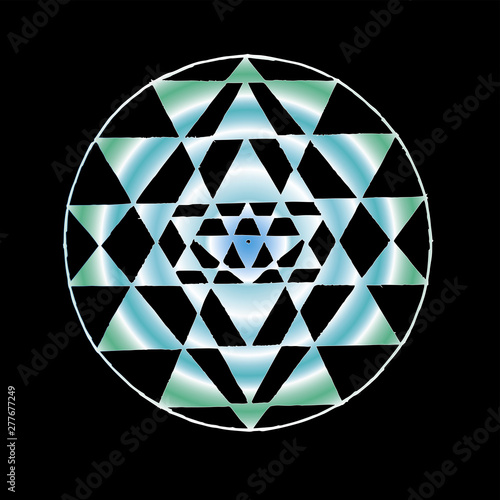 Color illustration of Shri Yantra. Triangles and concentration background. Tattoo idea.