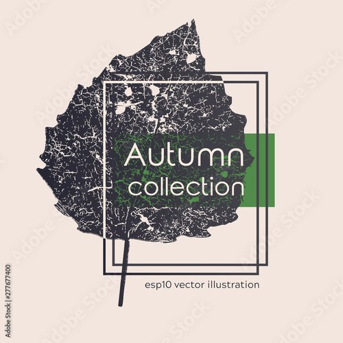 Isolated aged black autumn leaf print. Vector monochrome illustration on light background. Original floral object. ESP10.