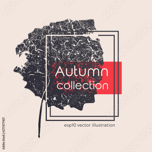 Isolated aged black autumn leaf print. Vector monochrome illustration on light background. Original floral object. ESP10.