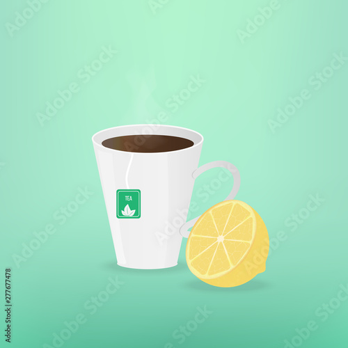 Vector illustration with mug of tea and lemon. Template for banner, article about health, card or flyer, promotion or for design packaging.