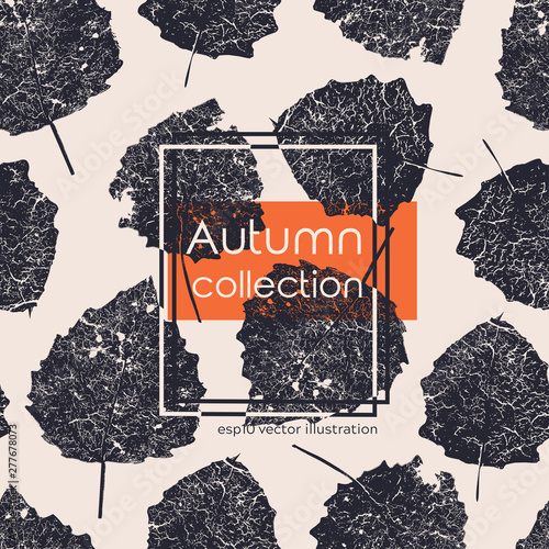 Seamless aged black autumn leaves print. Vector monochrome illustration on light background. Original floral pattern. ESP10.