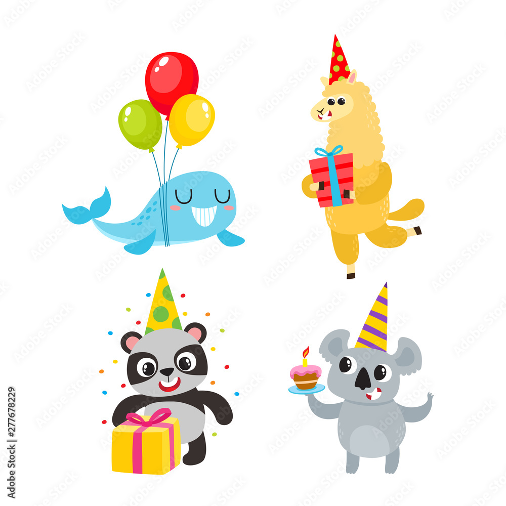 Fototapeta premium Collection of cartoon animals with gifts, balloons isolated on white.