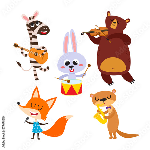Collection of cartoon animals with muzical instruments isolated on white.