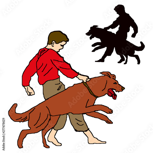 Boy in red shirt, trains a dog, character on a white background
