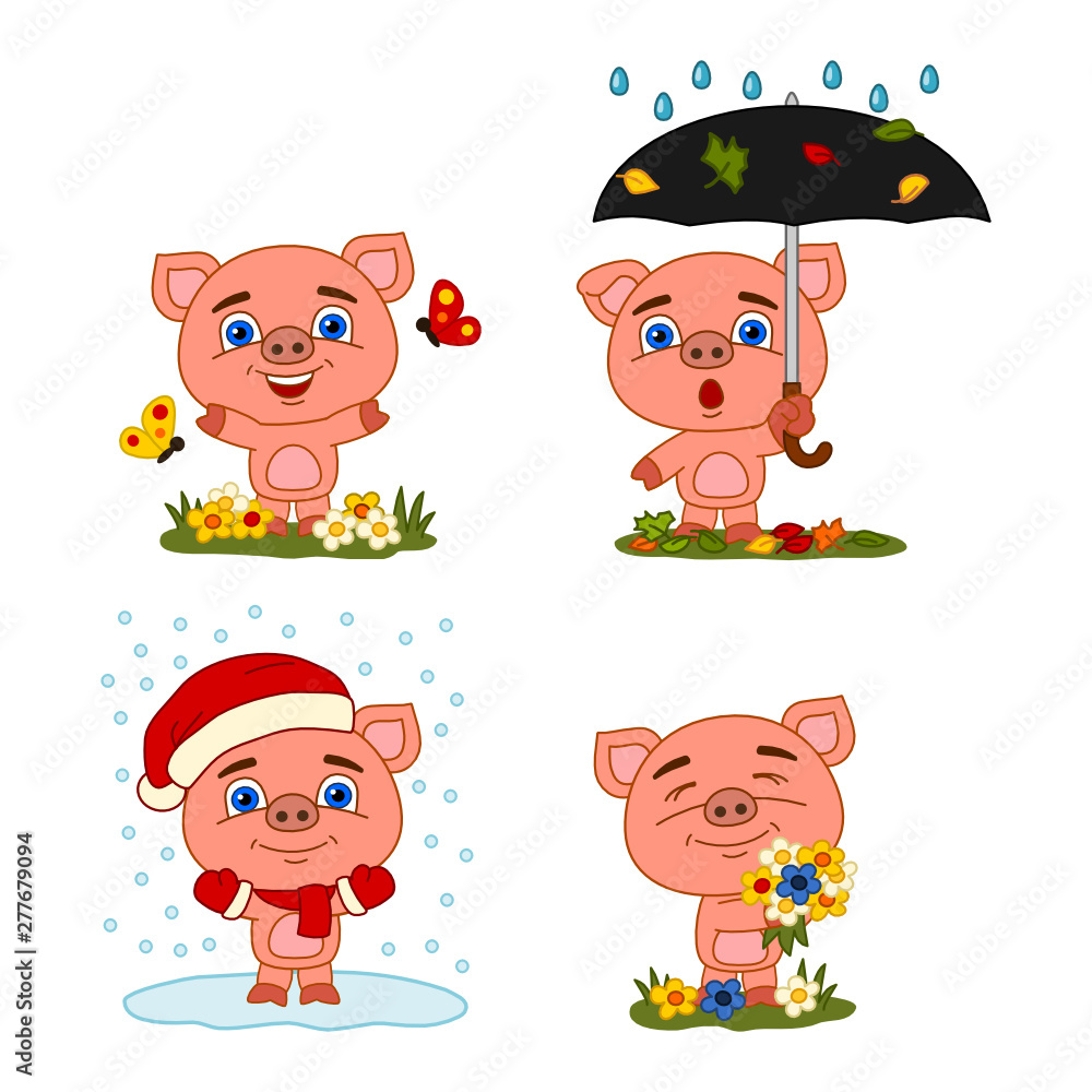 Collection of cute Piglet in different seasons - summer, autumn, winter, spring - isolated on white background Collection of cute Piglet in different seasons - summer, autumn, winter, spring - isolated on white background