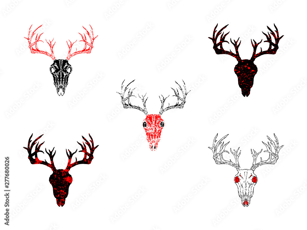 Vector set of hand drawn skulls deer with grunge elements in different ...
