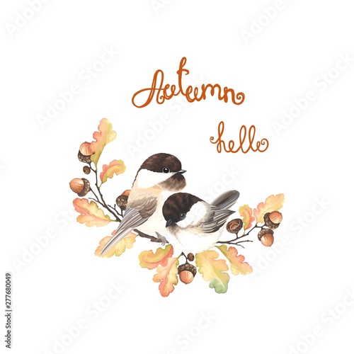 Autumn beautiful decor with birds Black-capped Chickadee, acorns, oak branches and leaves. Vector isolated illustration in vintage watercolor style.