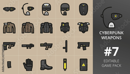 Cyberpunk RPG game icons set.  Set of Cyberpunk weapons, future police guard, rocket launcher, gloves, boots, ammo, bulletproof vest, gun. Editable 2D RPG game items graphics pack
