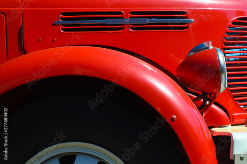 Detail of old, red, vintage firetruck