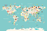 World map vector illustration. Landmarks, sight and animals hand draw icon. World vector poster for children, cute illustrated. Travel concept card