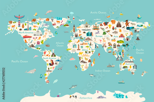Ilustracja wektorowa mapa świata. Zabytki, widok i zwierzęta ręcznie rysować ikonę. Światowy plakat wektorowy dla dzieci, ładny ilustrowany. Karta koncepcja podróży