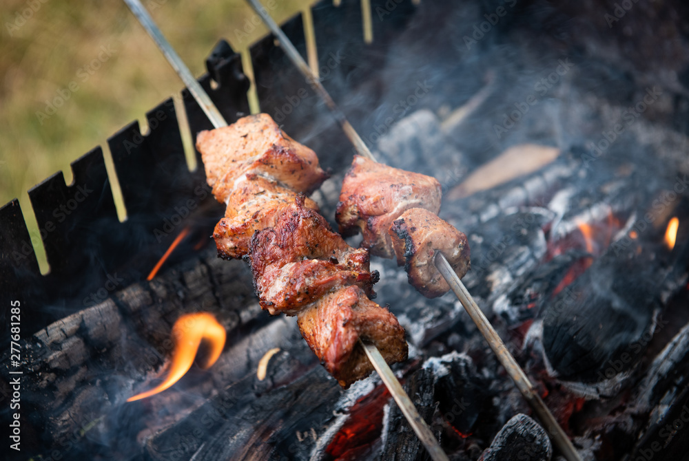Making barbecue shashlik on wooden coal grill meat food fresh health beacon pork 