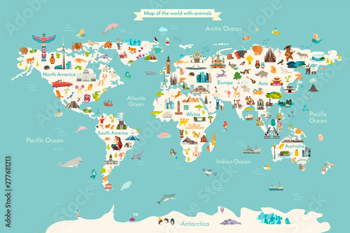 Landmarks world map vector cartoon illustration. Cartoon globe vector illustration. landmarks, signs, animals of countries and continents. Abstract map for learning. Poster, picture, card © coffeee_in