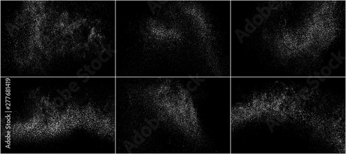 Set of White Grainy Texture Isolated On Black Background. Dust Overlay Texture. Noise Particles. Snow Effects Pack. Digitally Generated Image. Vector Illustration, EPS 10.