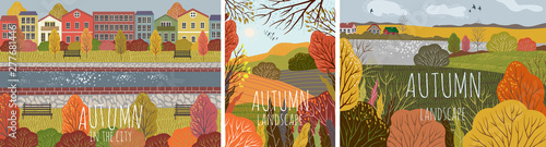 Autumn landscape. Set of vector illustration of nature background with city, village, forest and trees. Freehand drawing